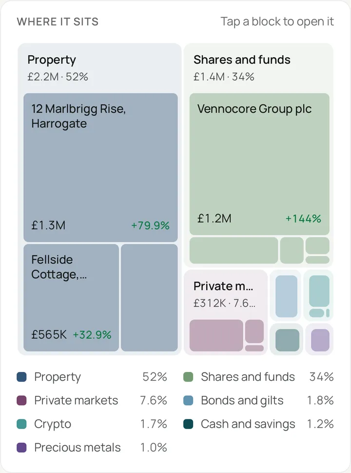 The wealth map in the CoreFi app, showing the demonstration family's holdings by family.