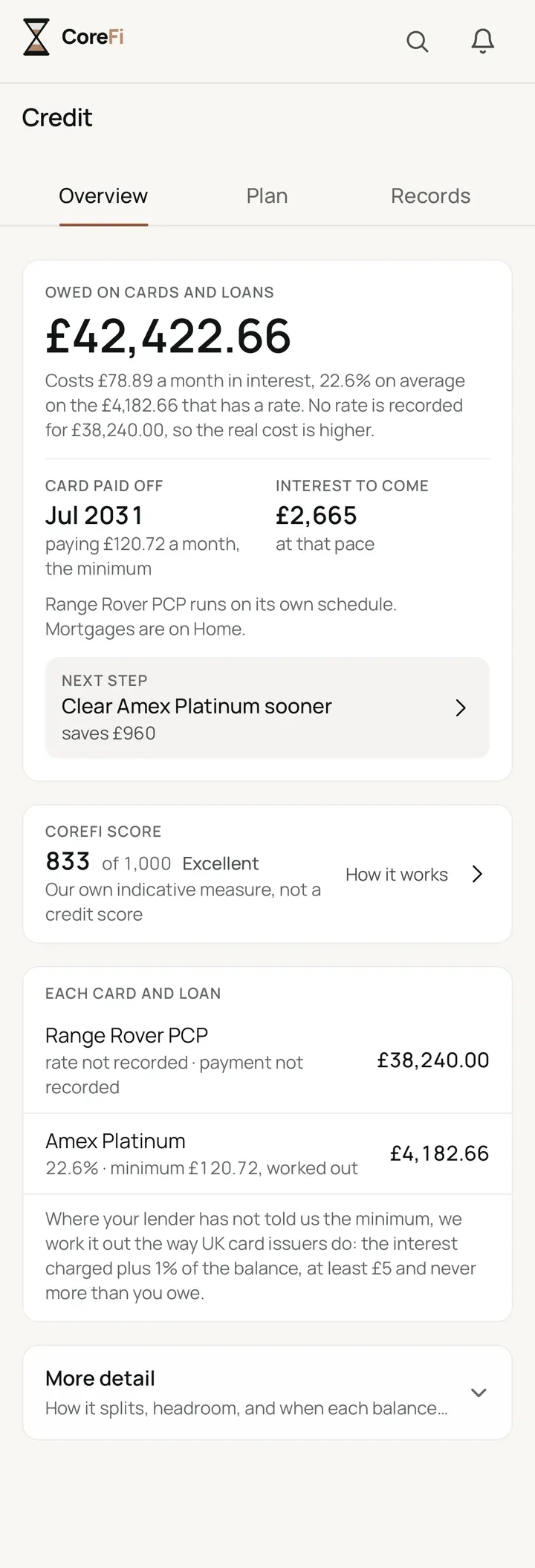 The credit and debt screen of the CoreFi app